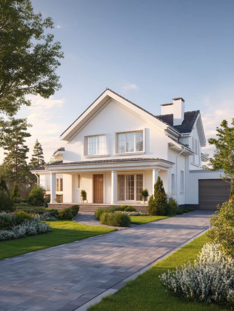 modern White farmhouse with black trim and manicured lawn.jpg