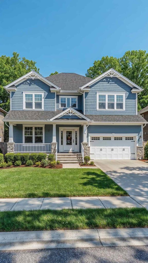 sioux county suburban home blue horizontal siding with stone accents and front porch.jpg